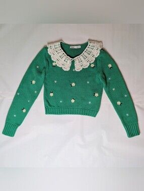 Zara Green Daisy Embroidered Knit Sweater with Lace Peter Pan Collar S
